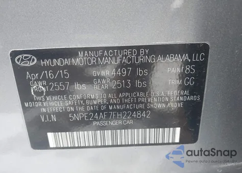 2015 Hyundai Sonata Se из США, поврежденный, VIN 5NPE24AF7FH224842